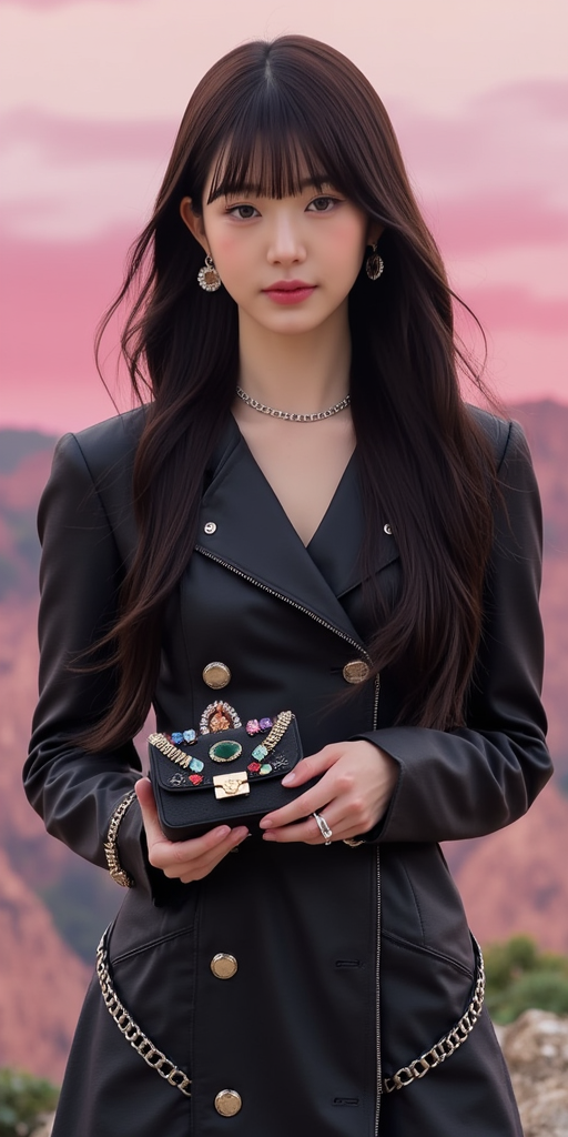 張員瑛 장원영 Jang Won Young with long dark hair and straight bangs looks directly forward, with slightly parted lips and a stylish, captivating expression. She is wearing a black long-sleeved leather dress or jacket with an asymmetrical design, featuring button and stud details. She is gently holding a small black Louis Vuitton bag adorned with colorful gem-like charms and brand accessories. She is wearing matching earrings, and her hair is softly blowing in the wind. The background is an abstract landscape with pinkish tones, and the "LOUIS VUITTON" brand logo is at the bottom.