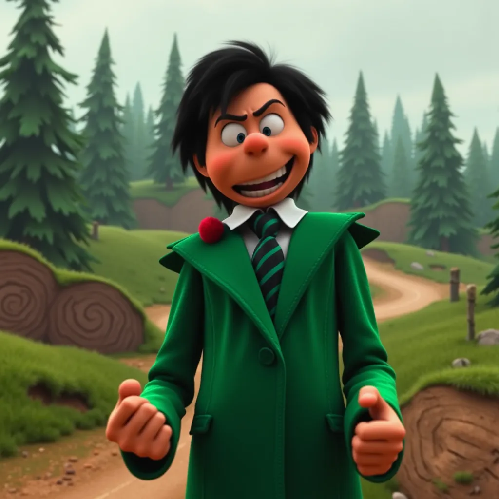 photo A photo of the Once-ler as a skinny adult wearing a green coat, suit and goofy dark hair. He is a businessman with an angry face and a greedy smile, clenching his fists in frustration. His eyes are narrowed and his eyebrows are furrowed, giving him a menacing look. He is standing in front of a backdrop of Truffula trees, with a clear-cut forest in the background, symbolizing his destructive impact on the environment.