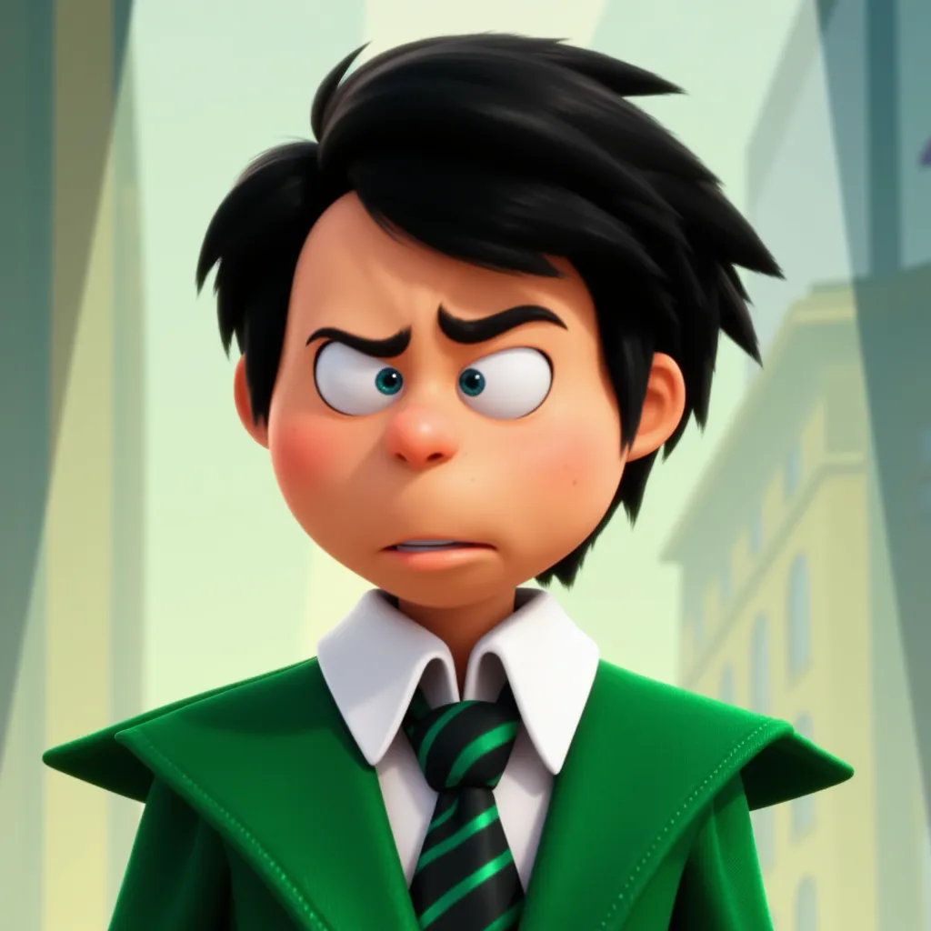 photo a cartoon image of the Once-ler as a skinny adult wearing a green coat, suit and goofy dark hair. He is a businessman with a sly and greedy expression.