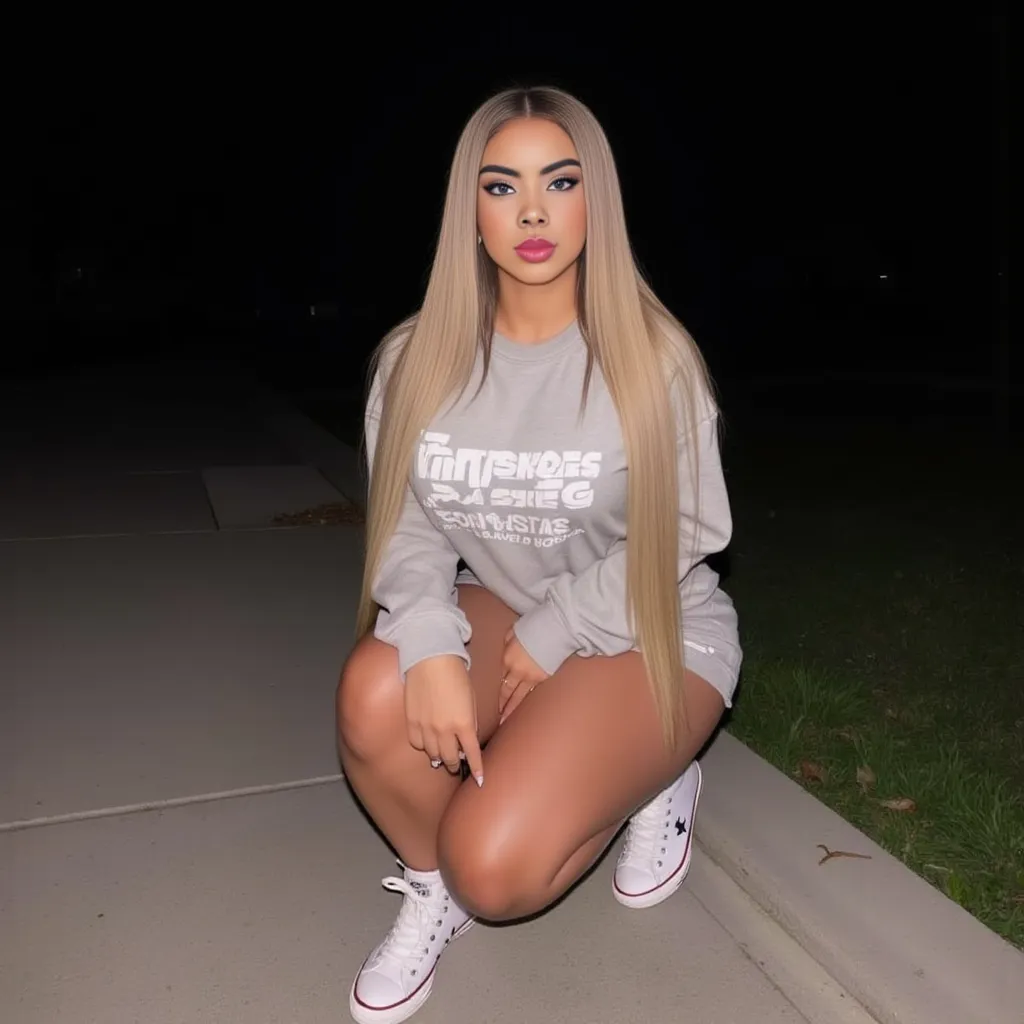 Verónica (Angelica) Mendez posing outdoors at night. She has long, straight beige hair, wearing a goofy shirt, shorts, and hi-top converse shoes. Her makeup is striking, with bold red lipstick and accentuated eyes. The background is neutral, adding focus to her expressive pose and stylish outfit.