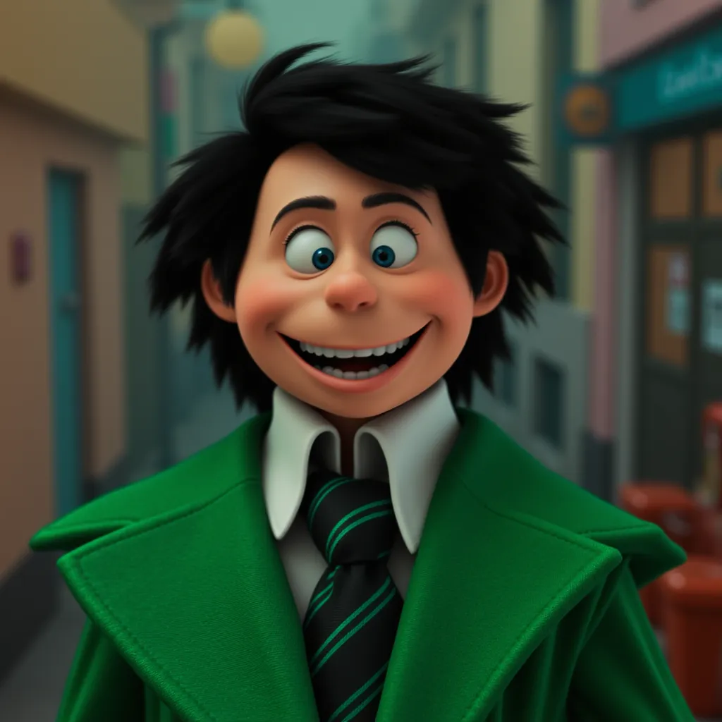photo a photo of the Once-ler as a skinny adult wearing a green coat, suit and goofy dark hair. He is a businessman with a wide, unsettling smile that stretches across his face, showing too many teeth, and his eyes gleam with a manic intensity.