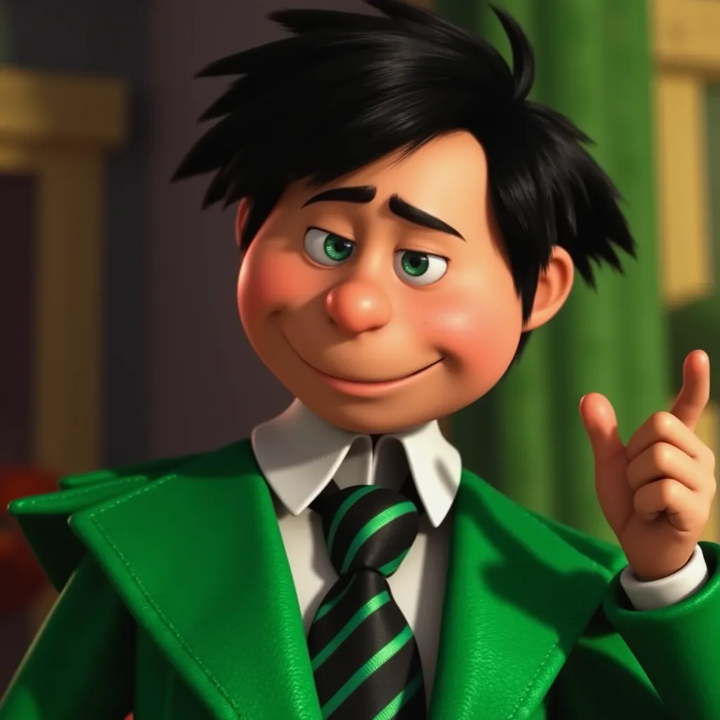 photo a photo of the Once-ler as a skinny adult wearing a green coat, suit and goofy dark hair. He is a businessman with a soft, almost gentle smile that belies his greedy nature, his eyes gleam with a subtle intensity, and his lips curve upward in a subtle, self-satisfied smirk, possibly with a hint of a Truffula tree or a Thneed in the background.