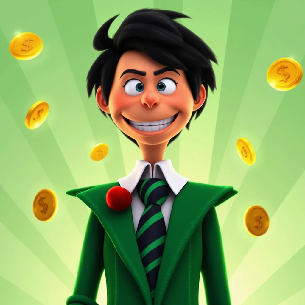 photo a cartoon image of the Once-ler as a skinny adult wearing a green coat, suit and goofy dark hair. He is a businessman with a sly and greedy expression, his eyes gleaming with a sense of avarice, his lips curled up in a cunning smile, possibly with a few dollar signs or coins floating around his head, emphasizing his love of wealth and material possessions.