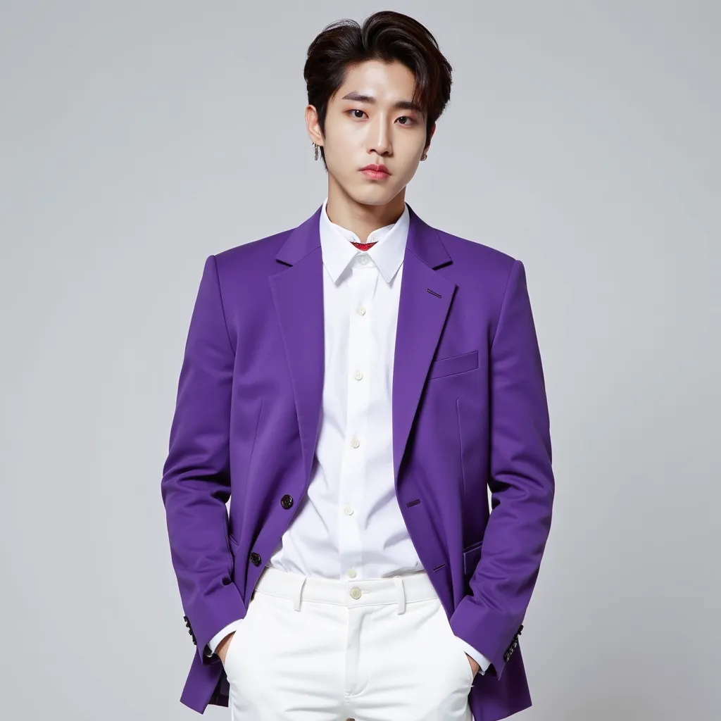 Han with white shirt with bottons purple blazer white choker red collar together white pants Nike shoes serious expression 