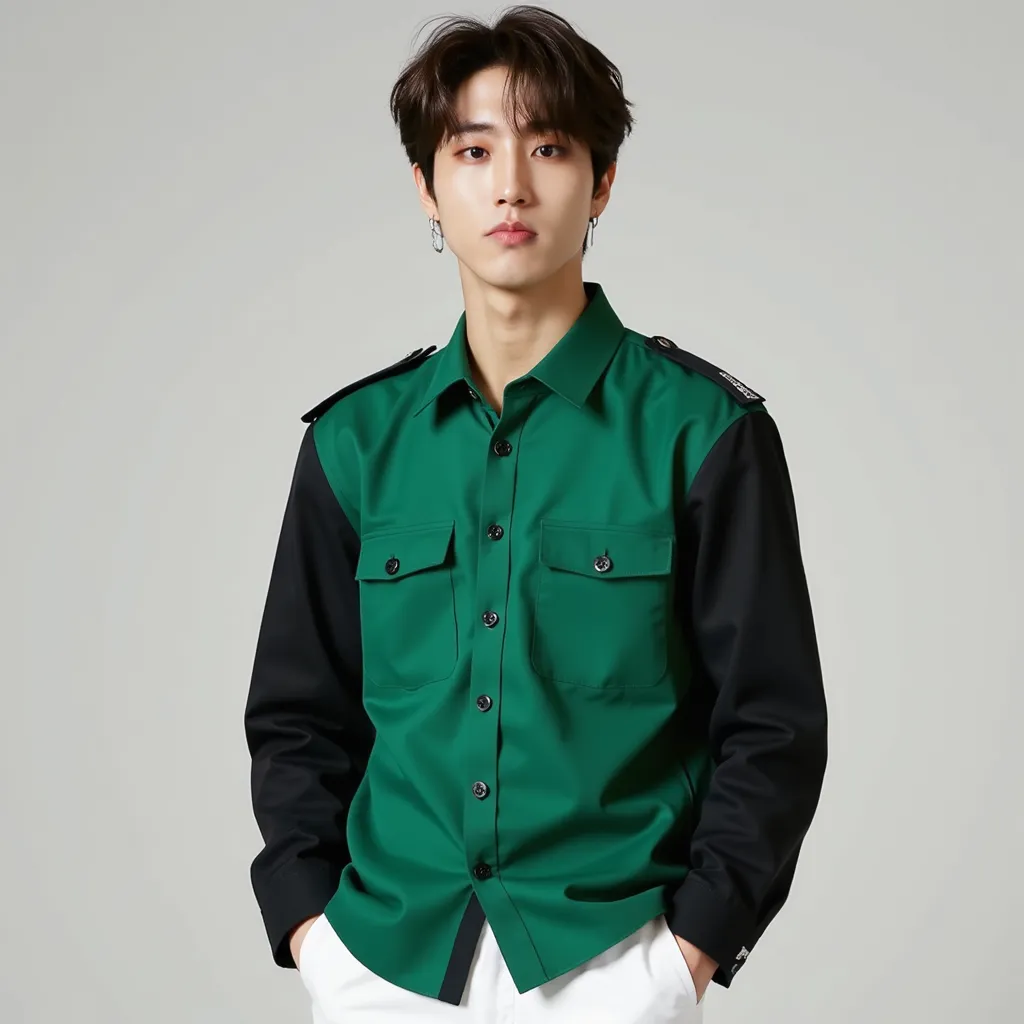 Han with green shirt black jacket with arms decoration white pants Nike shoes neutral expression with slightly parted lips 