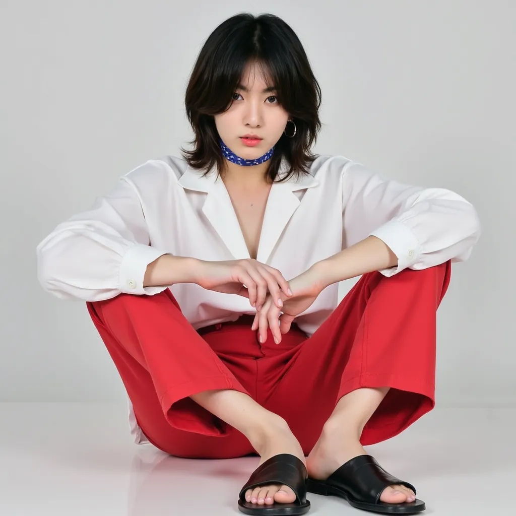 Jungkook with medium black hair blue choker with J on choker white shirt red pants black sandals