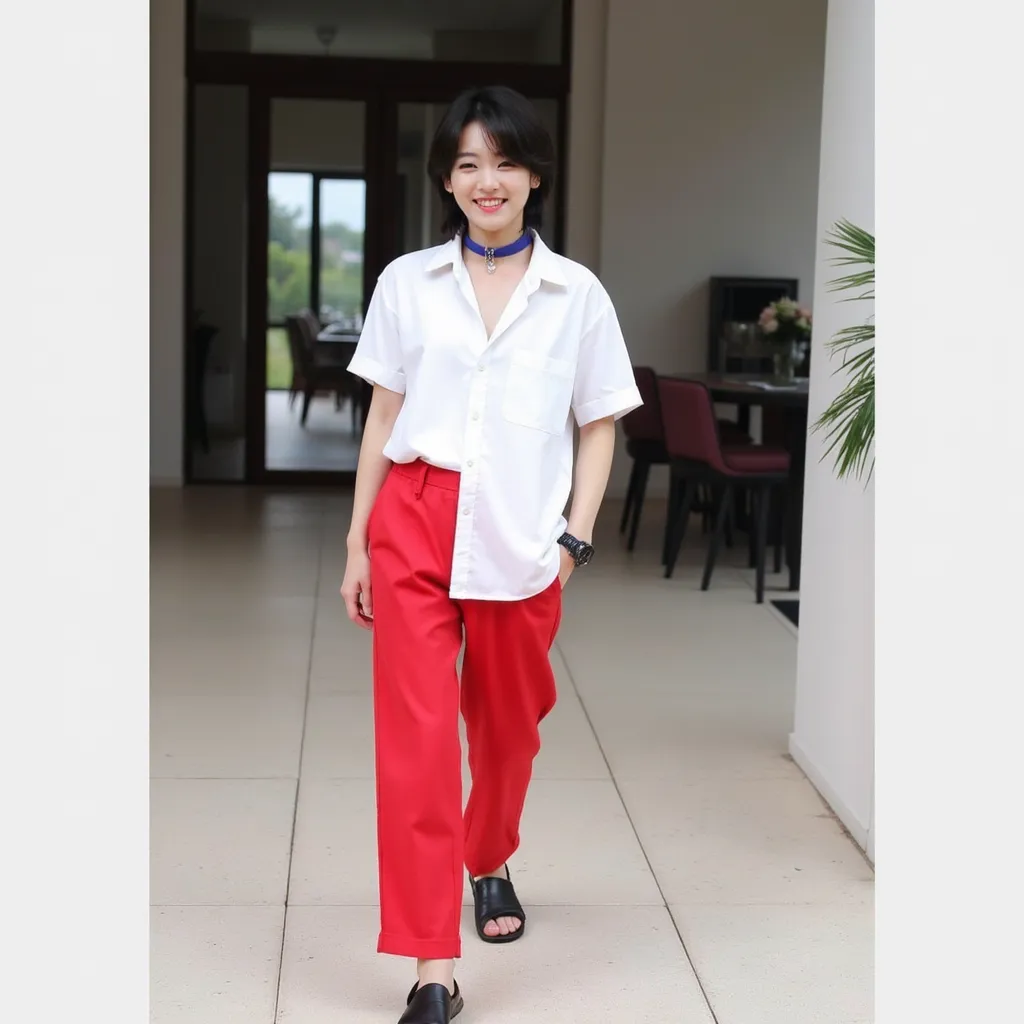 Jungkook with medium black hair blue choker with J on choker white shirt red pants black sandals and smiling