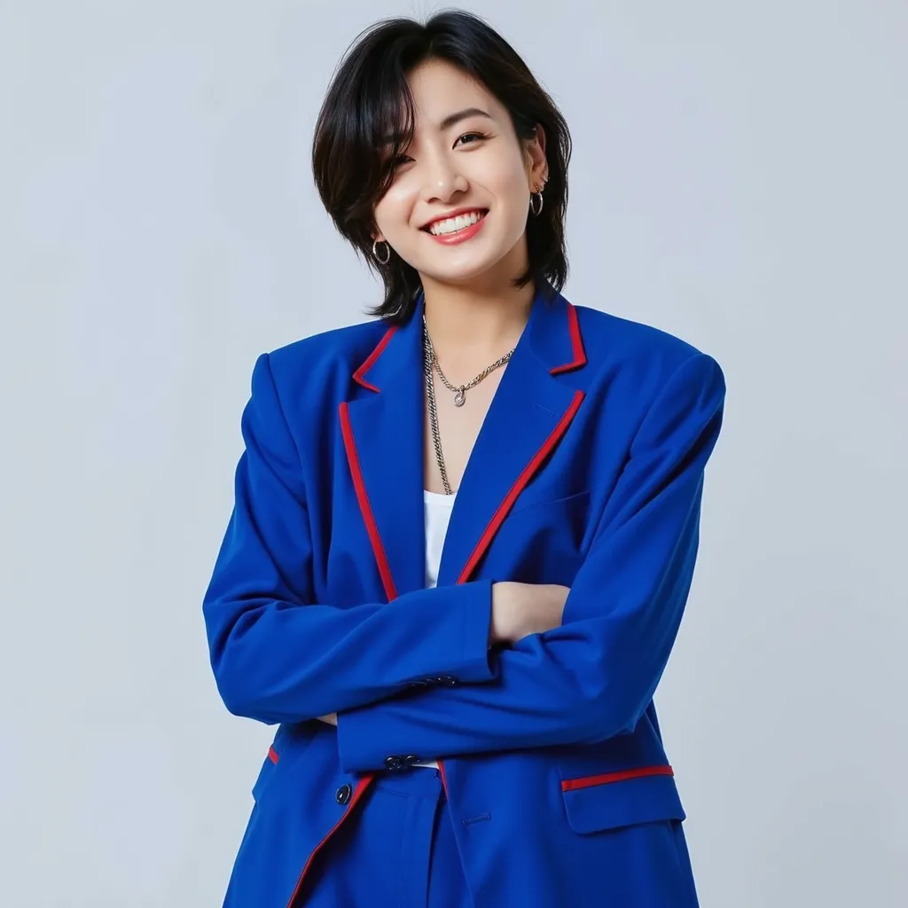 Jungkook with Blue blazer with Red stripes blue pants with Red stripes medium black hair smile 