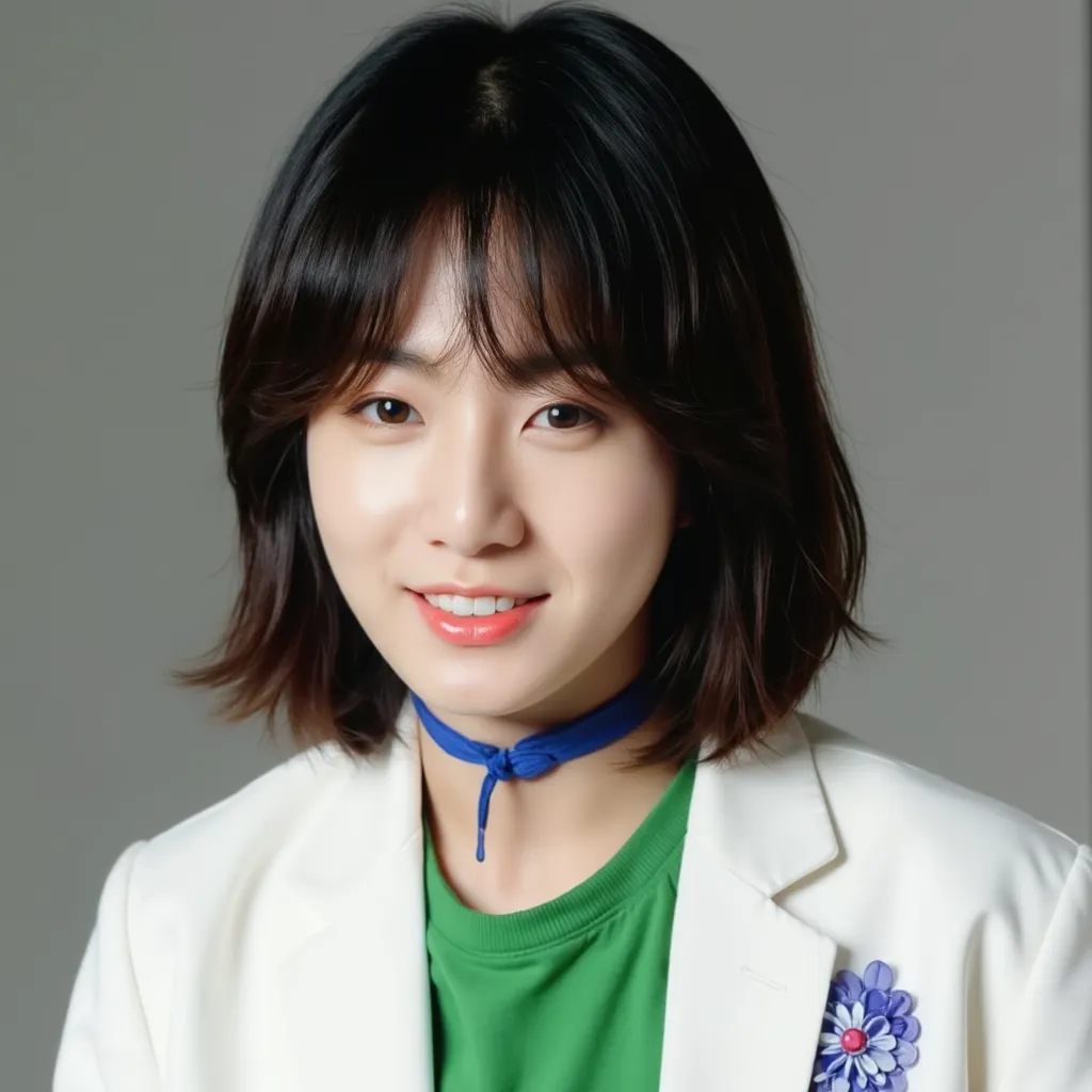 Jungkook in back smile at camera with medium black hair green shirt white blazer with arms decoration J on blue choker 