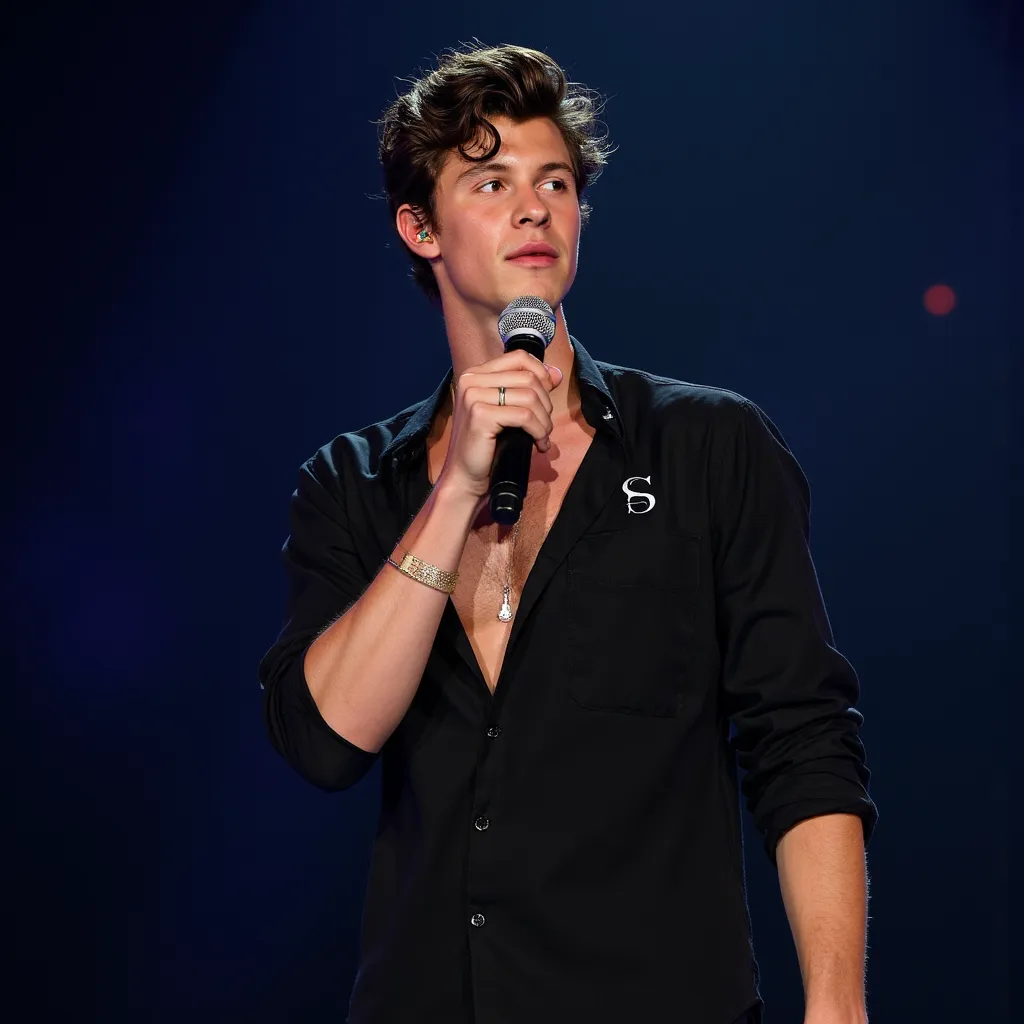 Shawn Mendes  with microphone on hand in stage black shirt showing chest  collar with letter S
