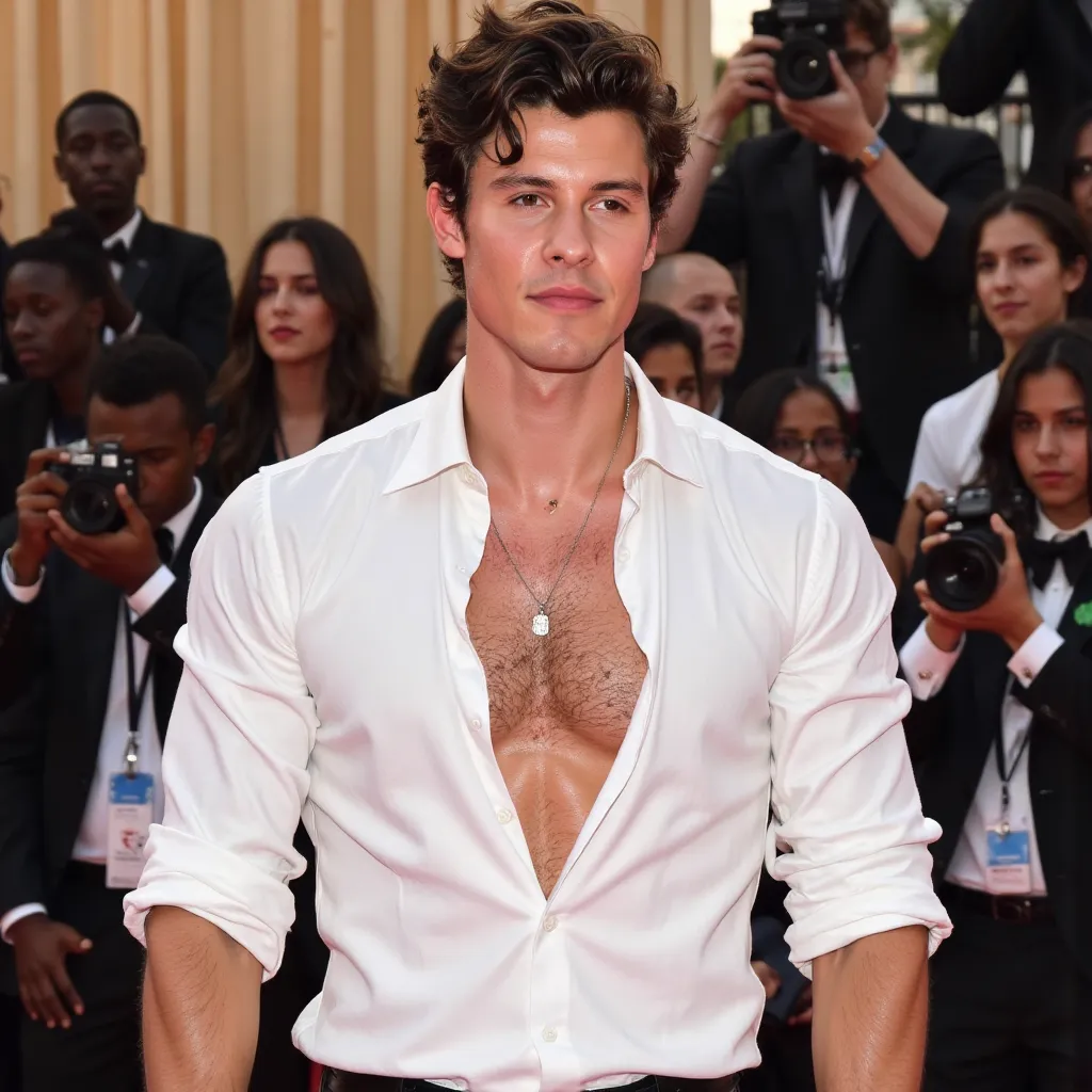 Shawn Mendes  with white shirt showing chest with S on cord in event