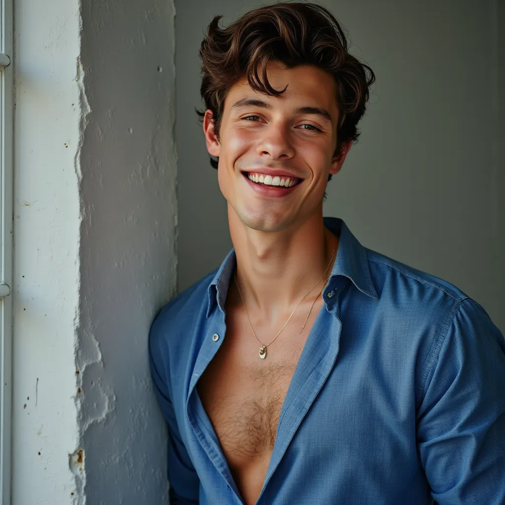 Shawn Mendes  with Blue shirt with mangos hiding neck  smile photoshoot on magazine cape