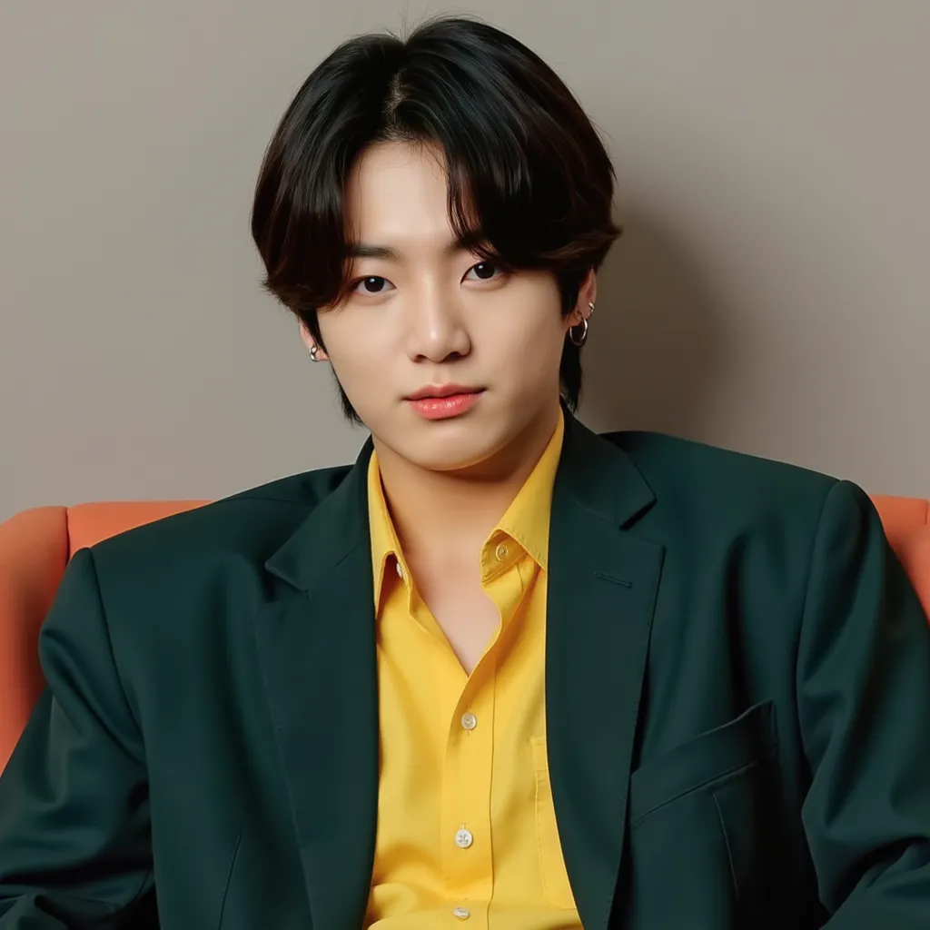 Jungkook with medium black hair piercing on lips yellow shirt showing chest green navy blazer sitting on chair 