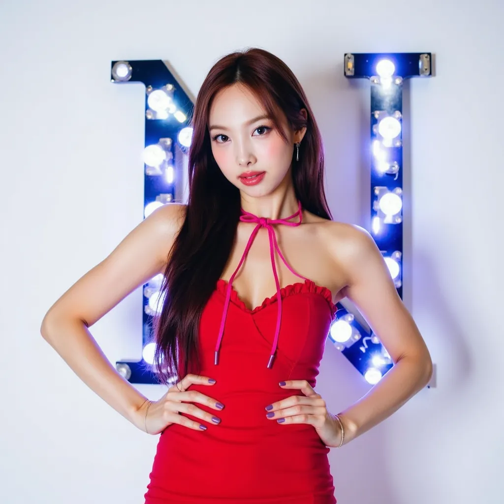 Nayeon with Red dress pink cord with letter N  in white background with Blue lights