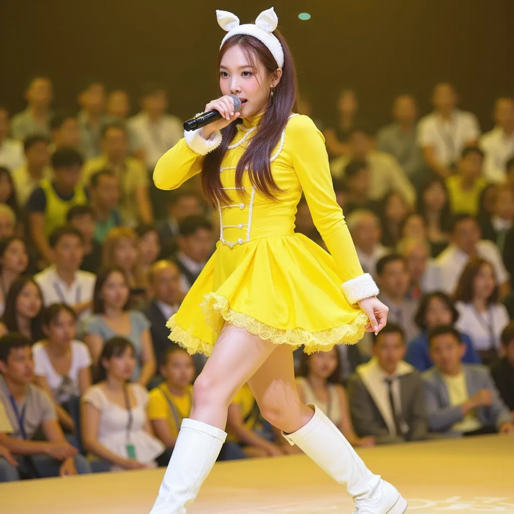 Nayeon with yellow dress white headband white boots making performance 