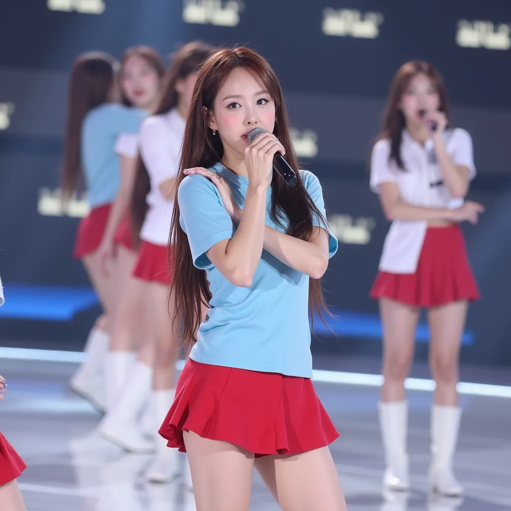 Nayeon with show microphone in left ear blue shirt red skirt white boots