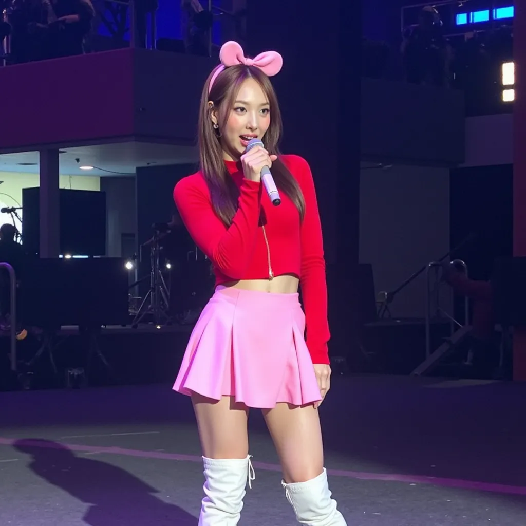 Nayeon with stage ear microphone red shirt pink skirt white boots 