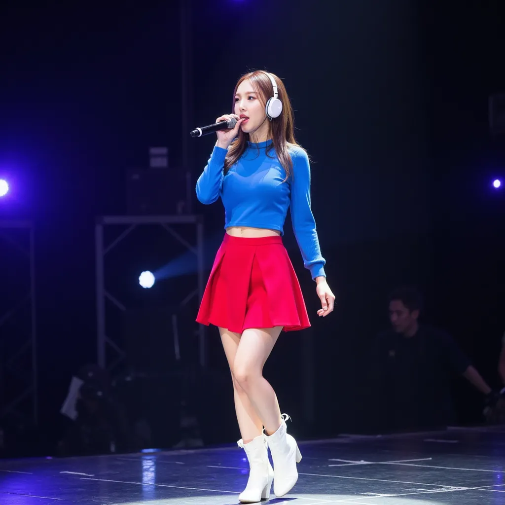 Nayeon with headset blue shirt red skirt white boots in stage