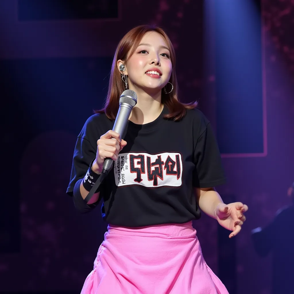Nayeon with Headworm mic black shirt pink skirt on stage