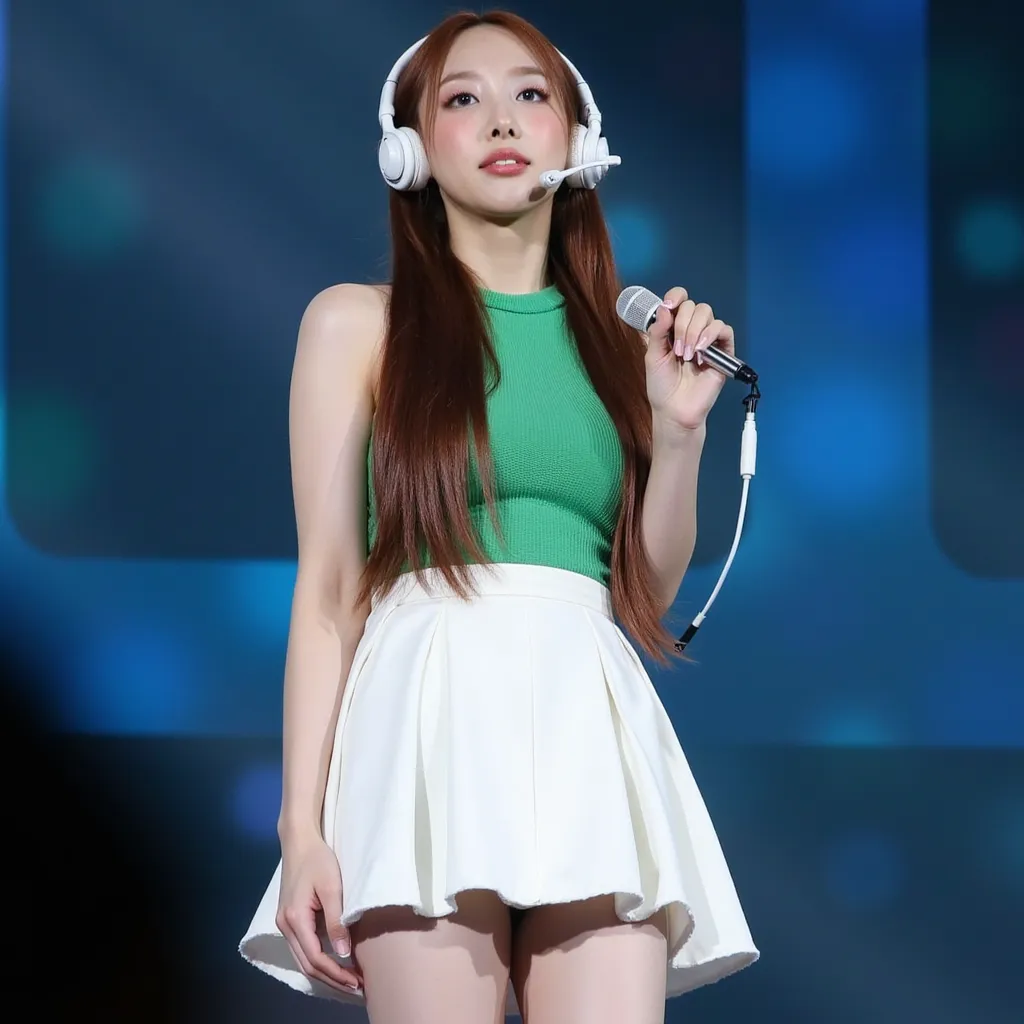 Nayeon with headset ear microphone on your ear not microphone on your hand green dress white skirt and boots on stage