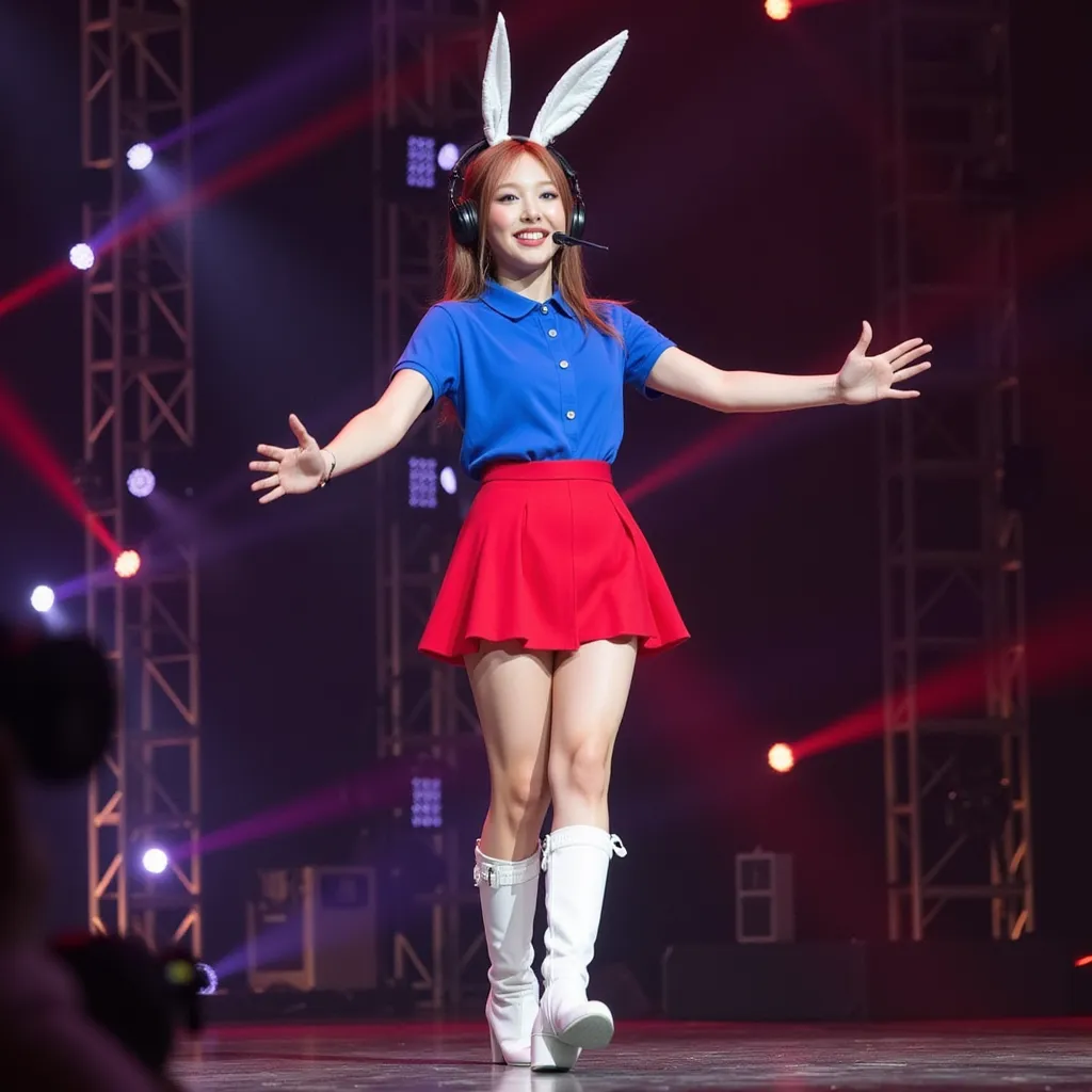 Nayeon with headset ear microphone headworm blue shirt red skirt white boots in stage 