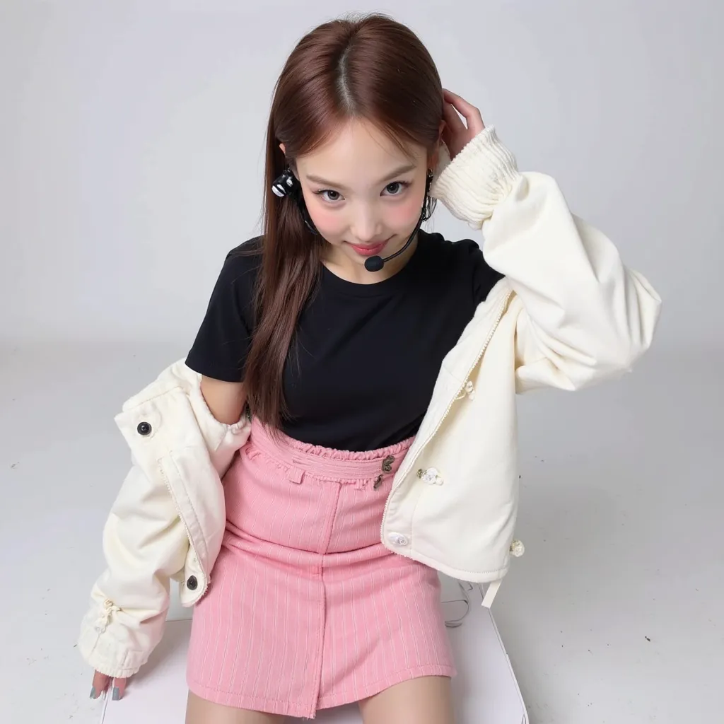 Nayeon with mini headset ear microphone black shirt white jacket with bottons pink skirt with stripes white boots 