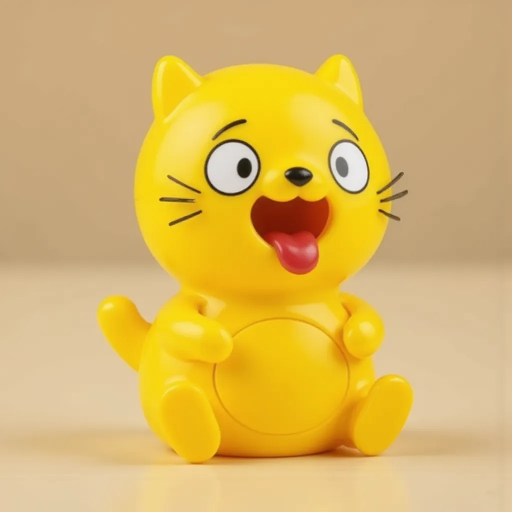 Cat Goes Pop toy from Goilath games, A cartoon yellow cat with simple features, such as two upright ears, a small tail, a White eyes, and a comical expression with its tongue out. giving it a playful appearance, Open Mouth, a Big smile