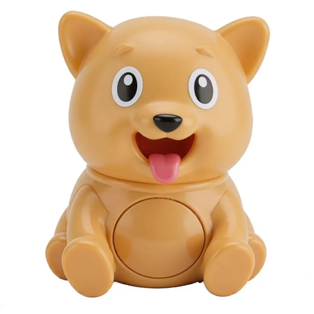 Dog Goes Pop toy from Goilath games, Decpicting Charm The Dog from "Toca Pet Doctor," depicted as a simple, cartoon brown dog with small ears and a big open mouth, showing a playful and happy expression, Open Mouth, a Big smile