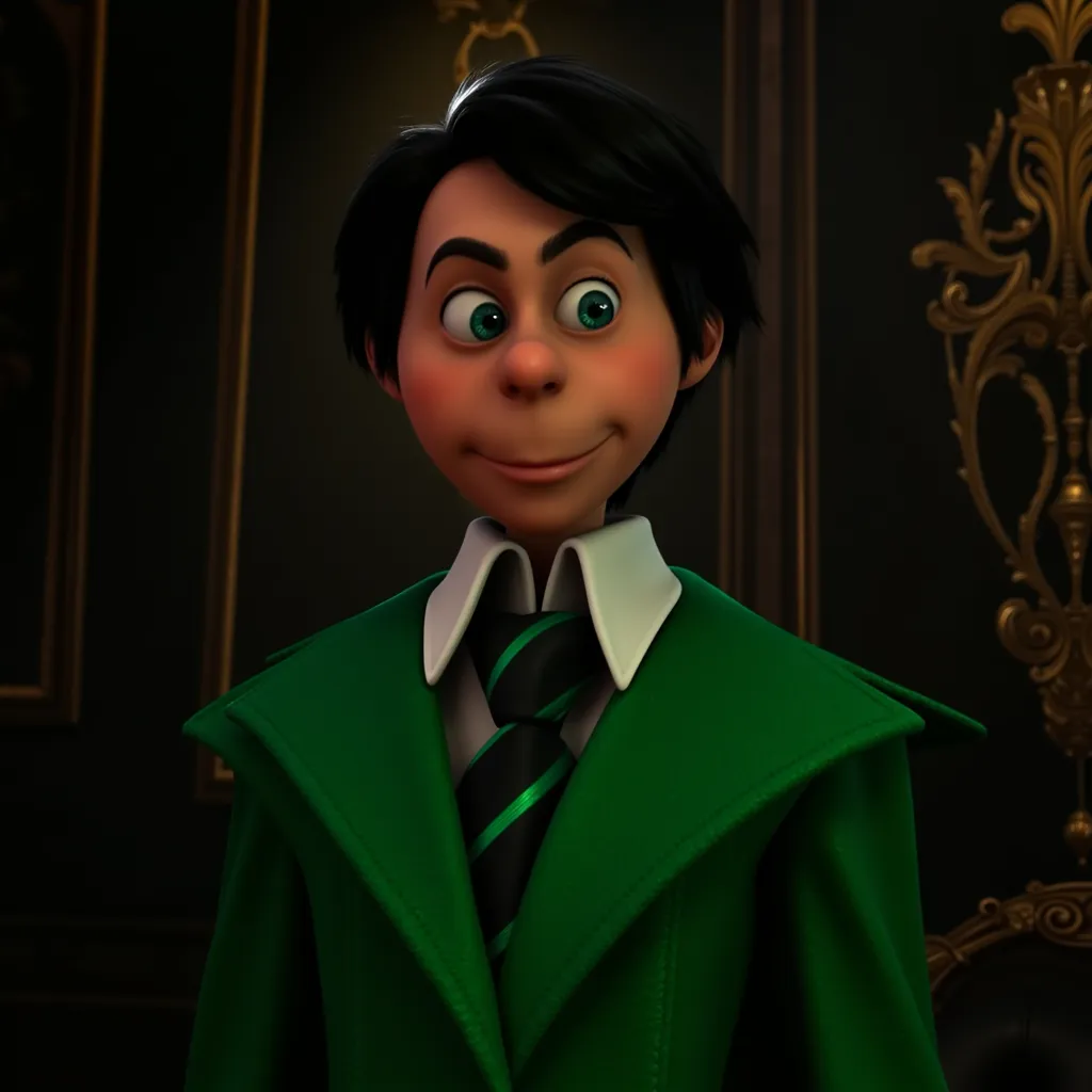 photo a photo of the Once-ler as a skinny adult wearing a green coat, suit and goofy dark hair. He is a businessman with a greedy face, his eyes gleaming with a sense of avarice, his lips curled up in a self-satisfied smirk, possibly with a few subtle wrinkles around his eyes and mouth, emphasizing his age and experience, but with a sharp and cunning glint in his eye, suggesting his ruthless business acumen. The room is dimly lit, casting long shadows that highlight his calculating, almost menacing gaze. The walls are adorned with dark, intricate details that suggest wealth and power, but in a corrupted, twisted way. The setting exudes a sense of isolation, as if it’s a place for plotting and manipulation, with the dark ambiance reflecting his moral decay and ambition.