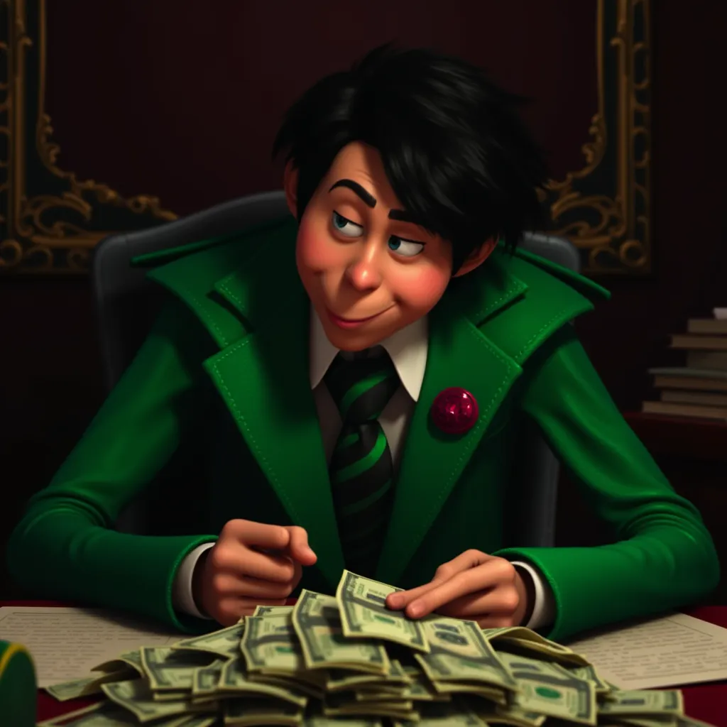 photo a photo of the Once-ler as a skinny adult wearing a green coat, suit and goofy dark hair. He is a businessman with a greedy face, his eyes gleaming with a sense of avarice, his lips curled up in a self-satisfied smirk, possibly with a few subtle wrinkles around his eyes and mouth, emphasizing his age and experience, but with a sharp and cunning glint in his eye, suggesting his ruthless business acumen. The room is dimly lit, casting long shadows that highlight his calculating, almost menacing gaze. The walls are adorned with dark, intricate details that suggest wealth and power, but in a corrupted, twisted way. The setting exudes a sense of isolation, as if it’s a place for plotting and manipulation, with the dark ambiance reflecting his moral decay and ambition. He has a cocky expression, looking directly at a pile of money on his desk, his eyes shining with ambition and cunning, his fingers drumming against the armrest of his chair, as if planning his next move to accumulate even more wealth and power.