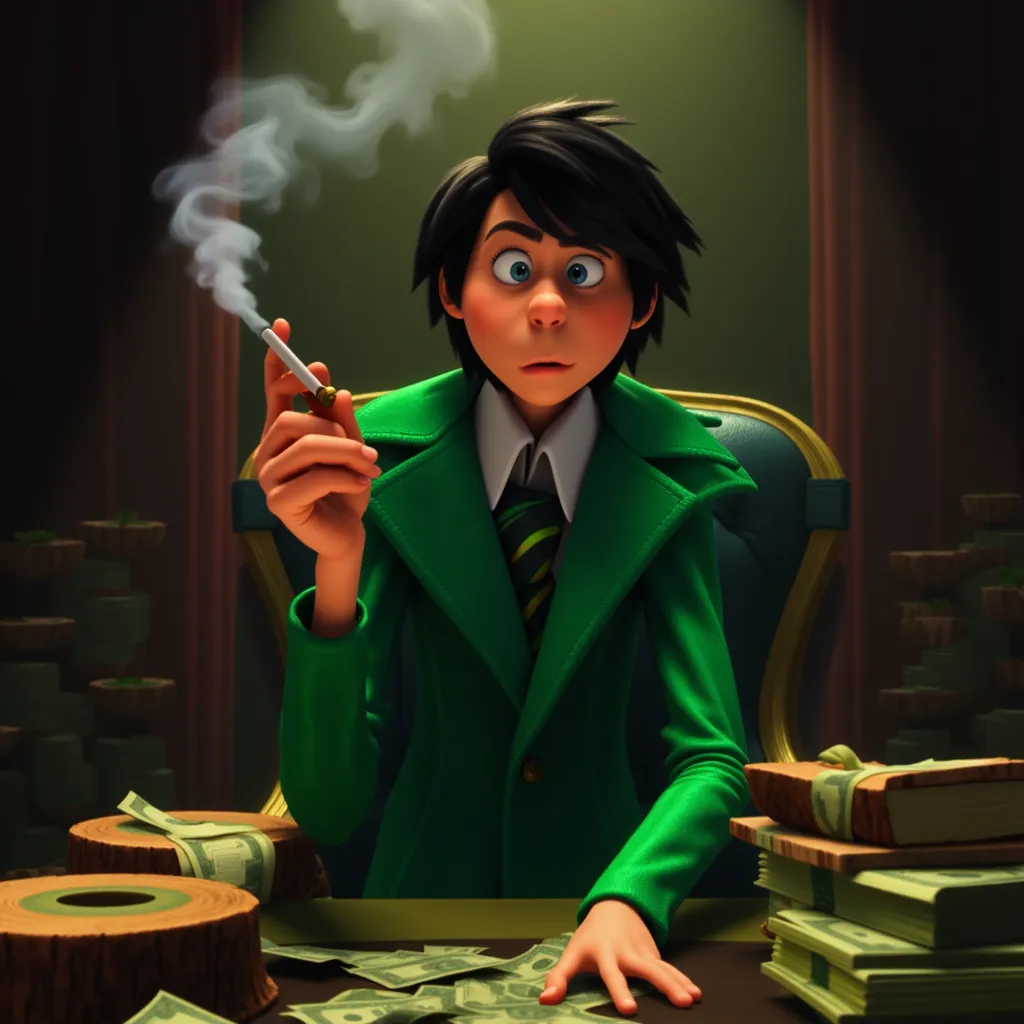 photo a skinny adult wearing a green coat, cartoon style, he has dark hair. The Once-ler is sitting in a dark, luxurious room, surrounded by stacks of money and Truffula tree stumps. He is holding a cigarette in one hand and a Thneed in the other. His eyes are gleaming with greed and ambition.