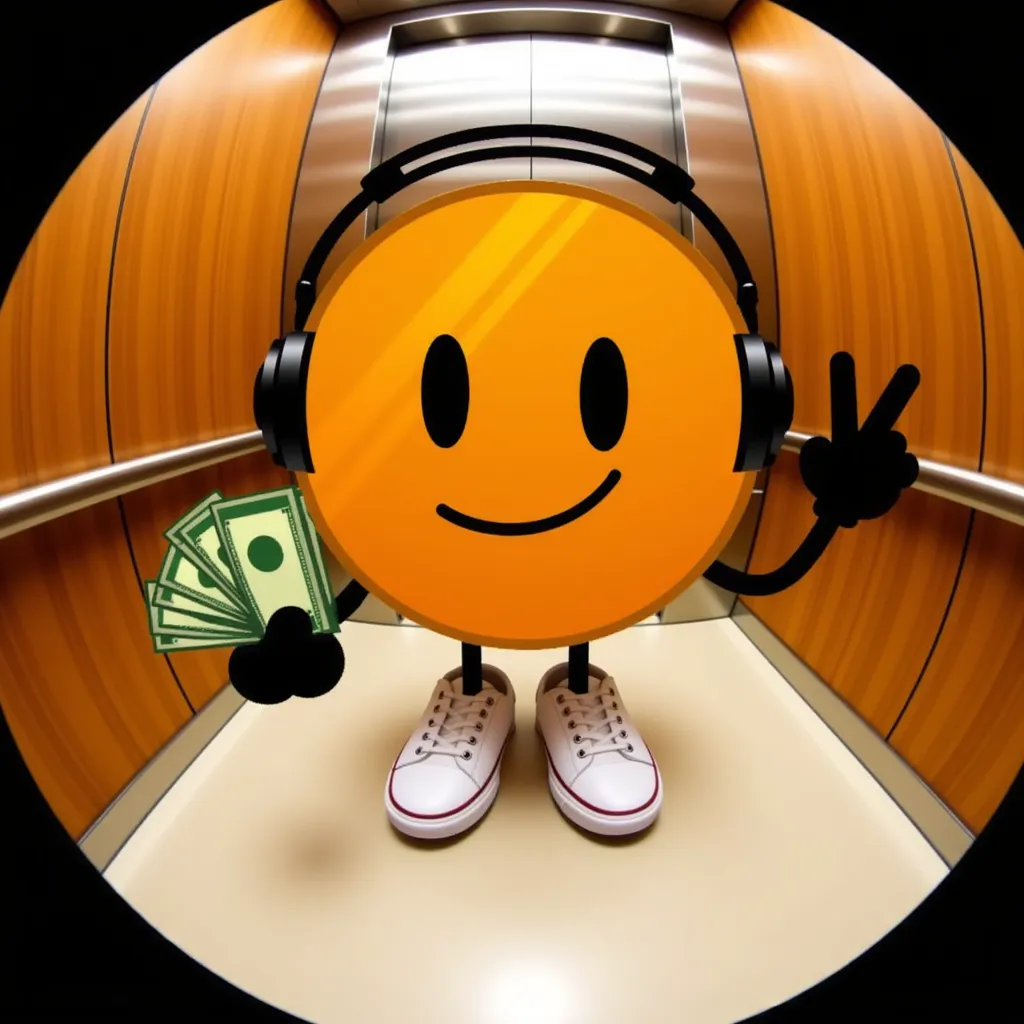 fisheye, elevator background, pfp of Coiny BFDI, a cartoon-style orange circle character with a smiling face. It has two black oval eyes and a simple curved line for a mouth. The character has black stick-like arms and legs. It's facing left. It's 3-dimensional. It's in a wooden-paneled elevator while holding several hundred dollar bills and also wearing big white sneakers. It's wearing headphones . It's holding up a peace sign. Coiny BFDI is 3D.
