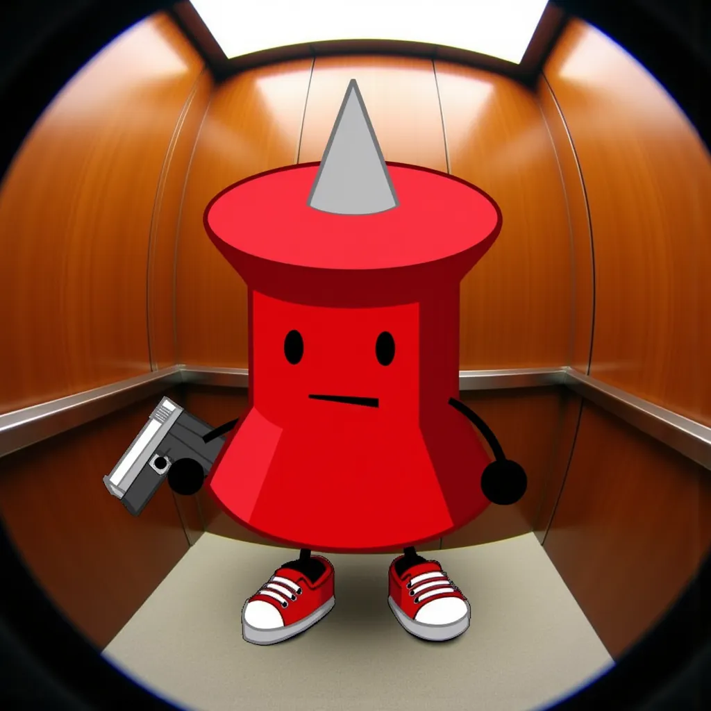 fisheye, elevator background, pfp  of Pin BFDI, character that resembles a red pushpin with a smiling face, simple eyes, and appendages resembling small stick arms and legs. The top has a pointed metal tip. It's 3-dimensional. It's in a wooden-paneled elevator while holding a gun and also wearing big white and red sneakers. It has black hands.