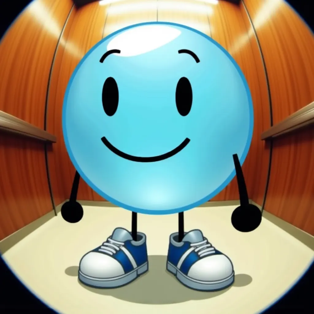 fisheye, elevator background, pfp of Bubble BFDI, an illustration of a glossy, circular, light blue bubble character with a smiling face. The bubble has simple black eyes, eyebrows, and a curved mouth, with black stick-like arms and legs. The light reflection on its surface gives it a shiny appearance.It's 3-dimensional. It's in a wooden-paneled elevator while wearing big white and blue sneakers. It's 3D. It's has black hands.