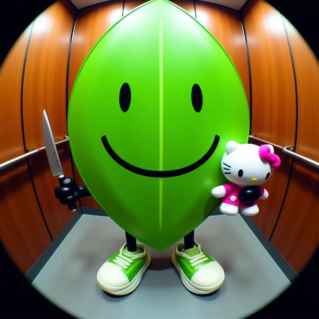 fisheye, elevator background, pfp of Leafy BFDI is a cartoon-style green leaf with a smiling face. It features simple black limbs, two oval eyes and a simple curved line for a mouth, giving it a friendly and welcoming expression. The leaf has a symmetrical shape and a central vein. It's 3D. It's in a wooden-paneled elevator while holding a Hello Kitty plush and a knife while also wearing big white and green sneakers. It has black hands. It's 3D.