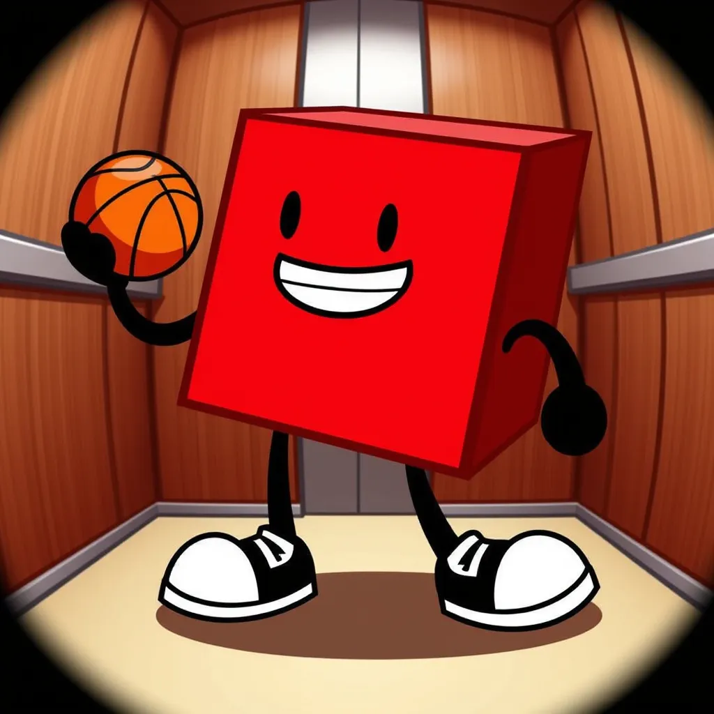 fisheye, elevator background, pfp of Blocky (BFDI) from the Battle for Dream Island series, depicted as a bright red cube with a smiling face. The character has simple black eyes and a wide, friendly grin. The image has a clean and colorful cartoon style. It's in a wooden-paneled elevator while holding a basketball  and also wearing big white and black sneakers.