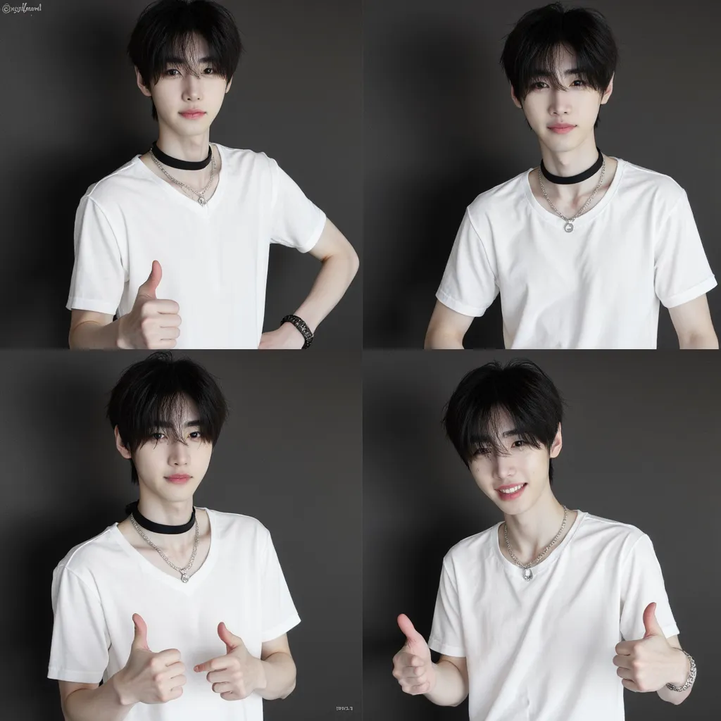sunghoon enhypen  3 photos in photo booth in black and white  white shirt black choker  first photo He serious second photo He happy showing teeth third photo He making thumb ups photos in tickets on photo booth