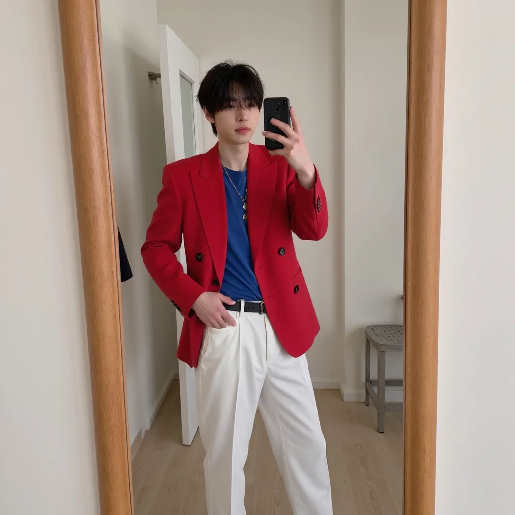 sunghoon enhypen selfie on mirror with cellphone making beak blue shirt red blazer white panrs with pocket red shoes