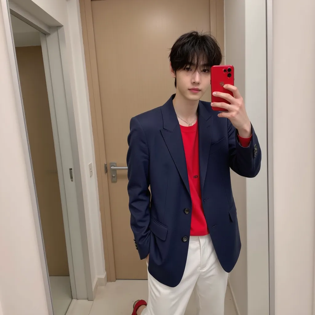 sunghoon enhypen with wet hair selfie on mirror with cellphone red shirt blue blazer that is close He making nozzle white pants red shoes 