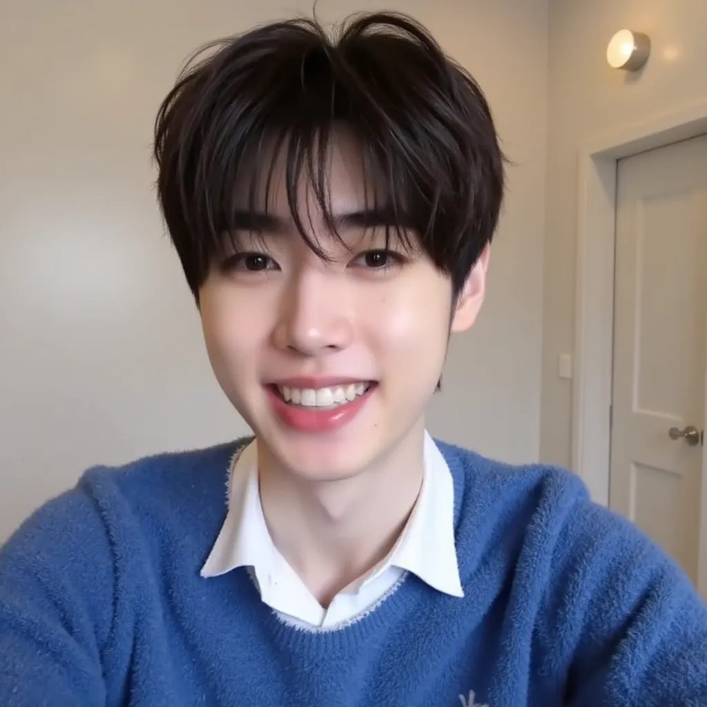 sunghoon enhypen smile showing teeth on video call Interview He wears white shirt blue sweater 