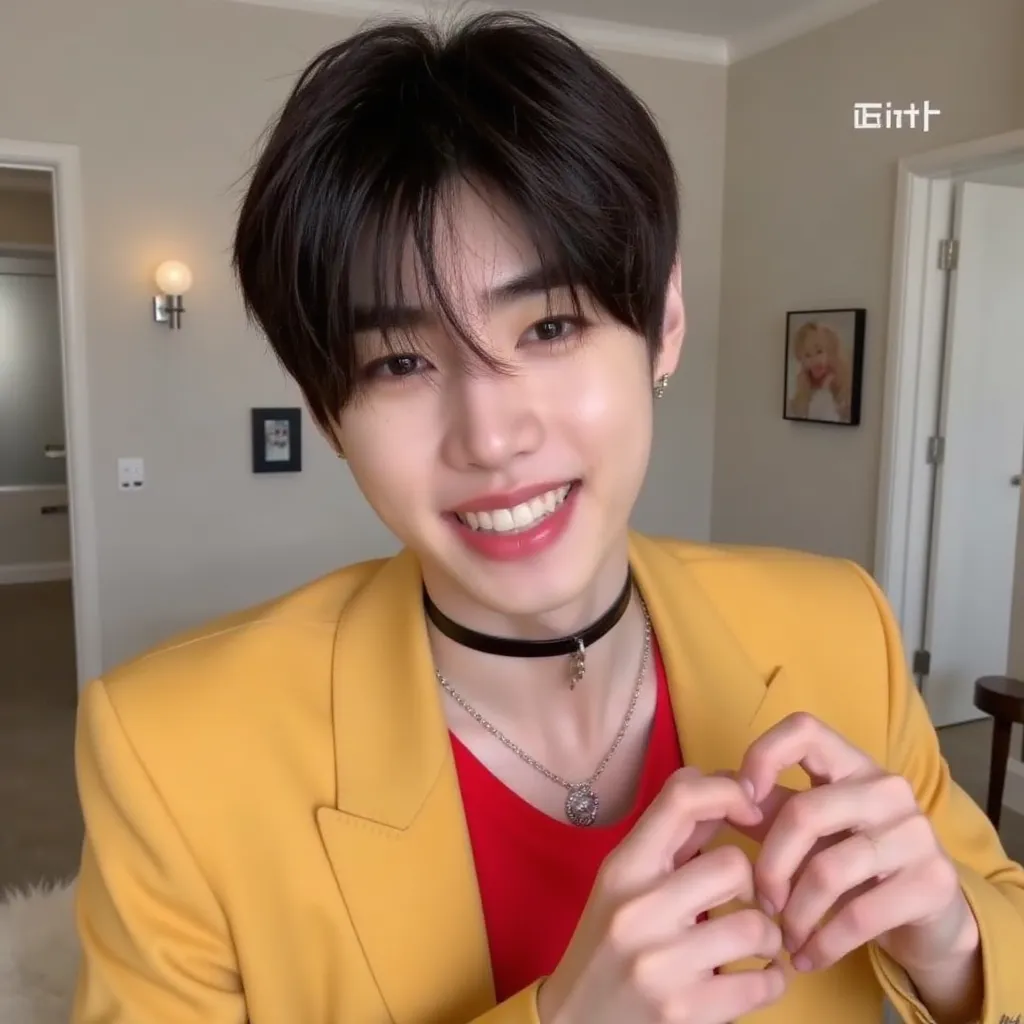 sunghoon enhypen smile showing teeth making heart with hands in video call Interview He wears red shirt yellow blazer black choker with S on choker 