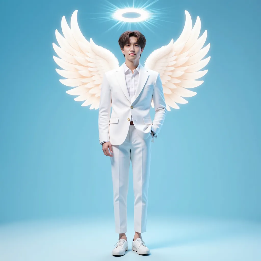 Han wearing a white shirt and closed white blazer, gracefully adorned with angelic wings and a glowing halo. He is dressed in crisp white pants and matching white shoes. Set against a serene blue background, Digital illustration in a surreal art style, Inspired by the works of Michael Parkes and Hayao Miyazaki. Medium telephoto view, soft ambient light, (vivid colors:1.1), (intricate details:1.14), (4k resolution), (fantasy:1.2).
