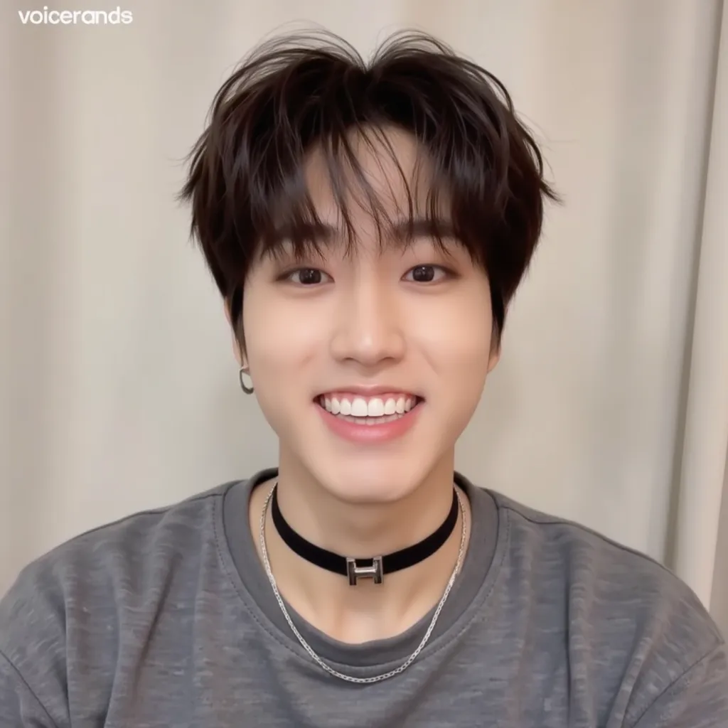 Han with grey shirt black choker with H on choker smile showing teeth in video call Interview 
