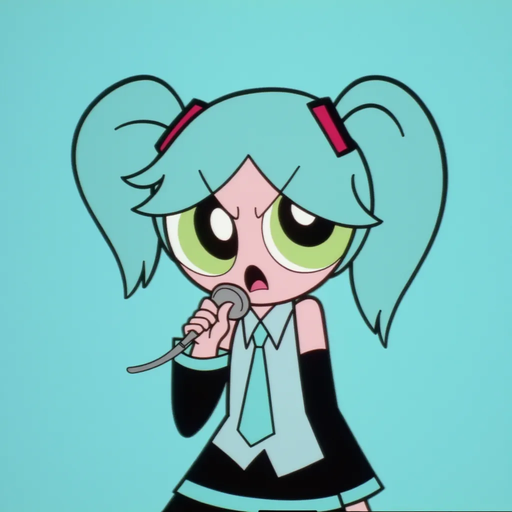 An image of Hatsune Miku, where she's singing with a microphone in her hand, cyan background, with the_powerpuff_girls_style.