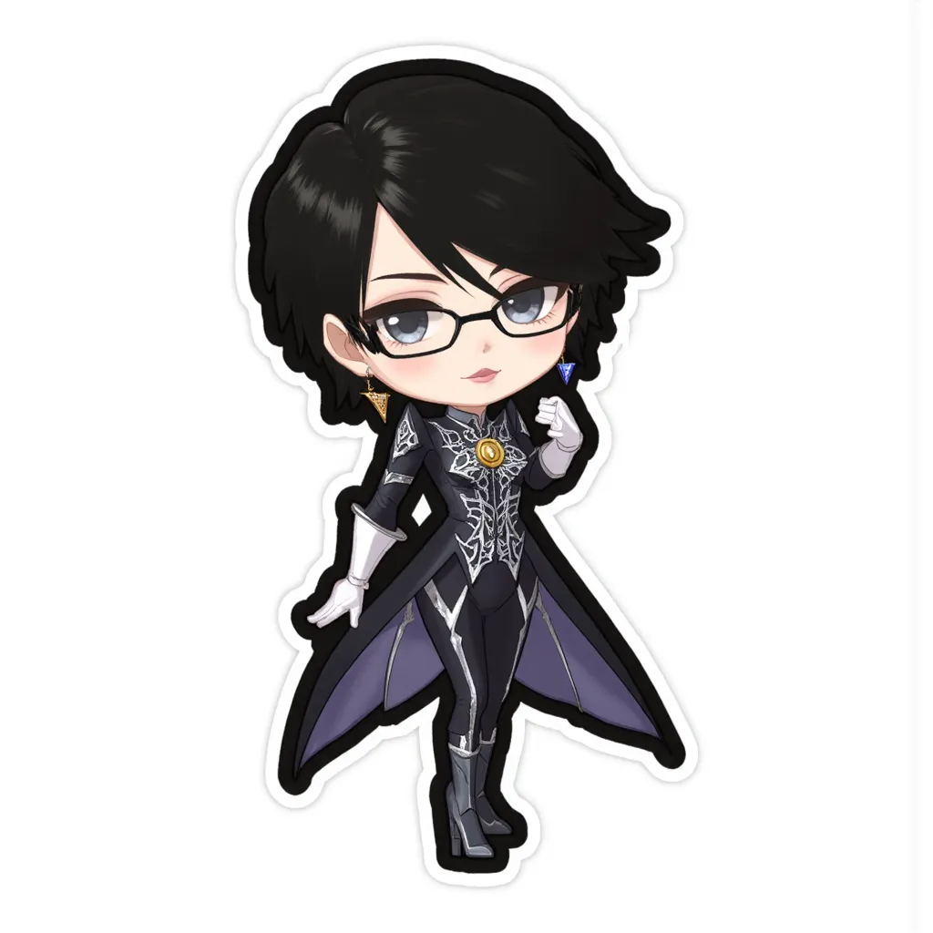 Sticker design featuring bayonetta2, chibi style. with a beauty mark near lips, short black hair, glasses, earrings, wearing a sleek, black and silver outfit with intricate designs. long white gloves and high-heeled shoes. neat pose.