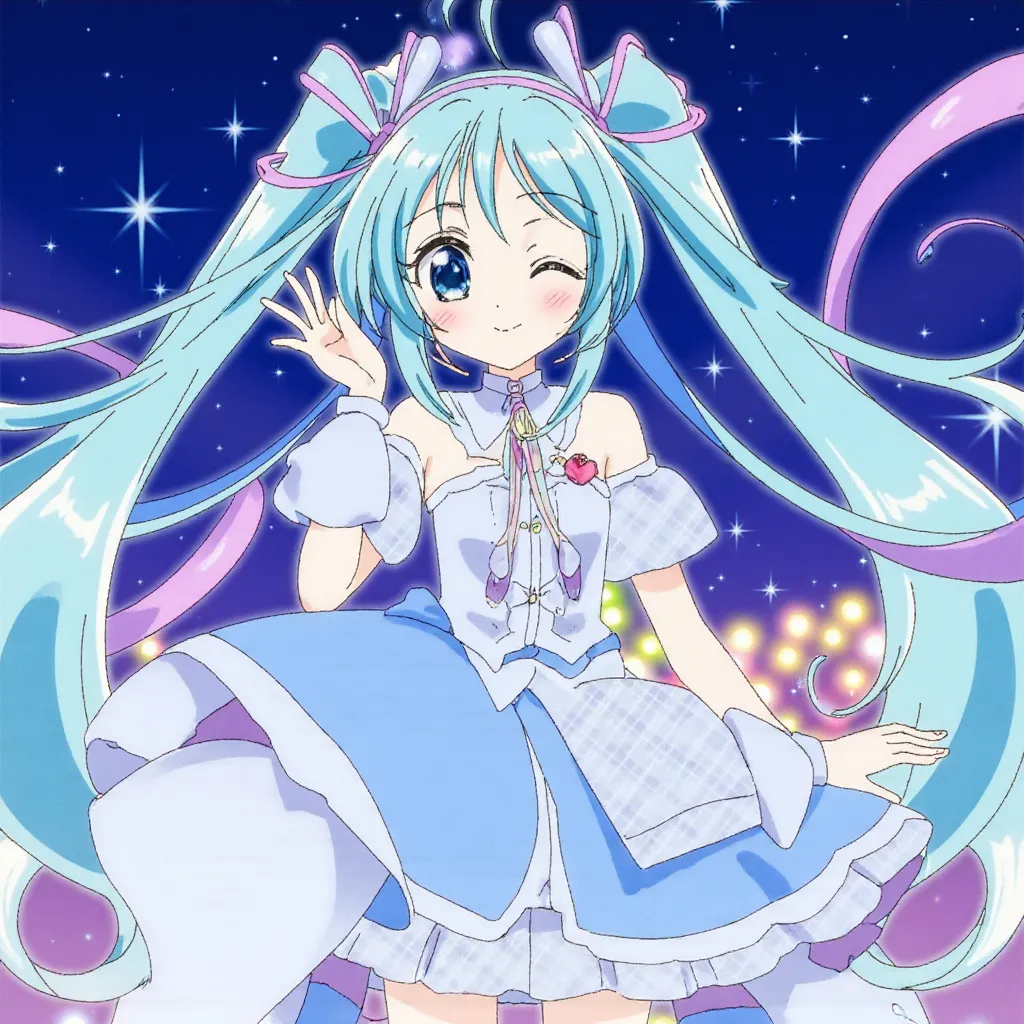 Hatsune Miku, adult female, dressed in a full body cute silver and cyan fancy blueberry-themed magical girl outfit, full body coverage, no skin showing, cyan eyes, cyan hair in big twintails, happy and blushing, starry night background, 2d cel shaded anime style, Kimi to Idol precure style.