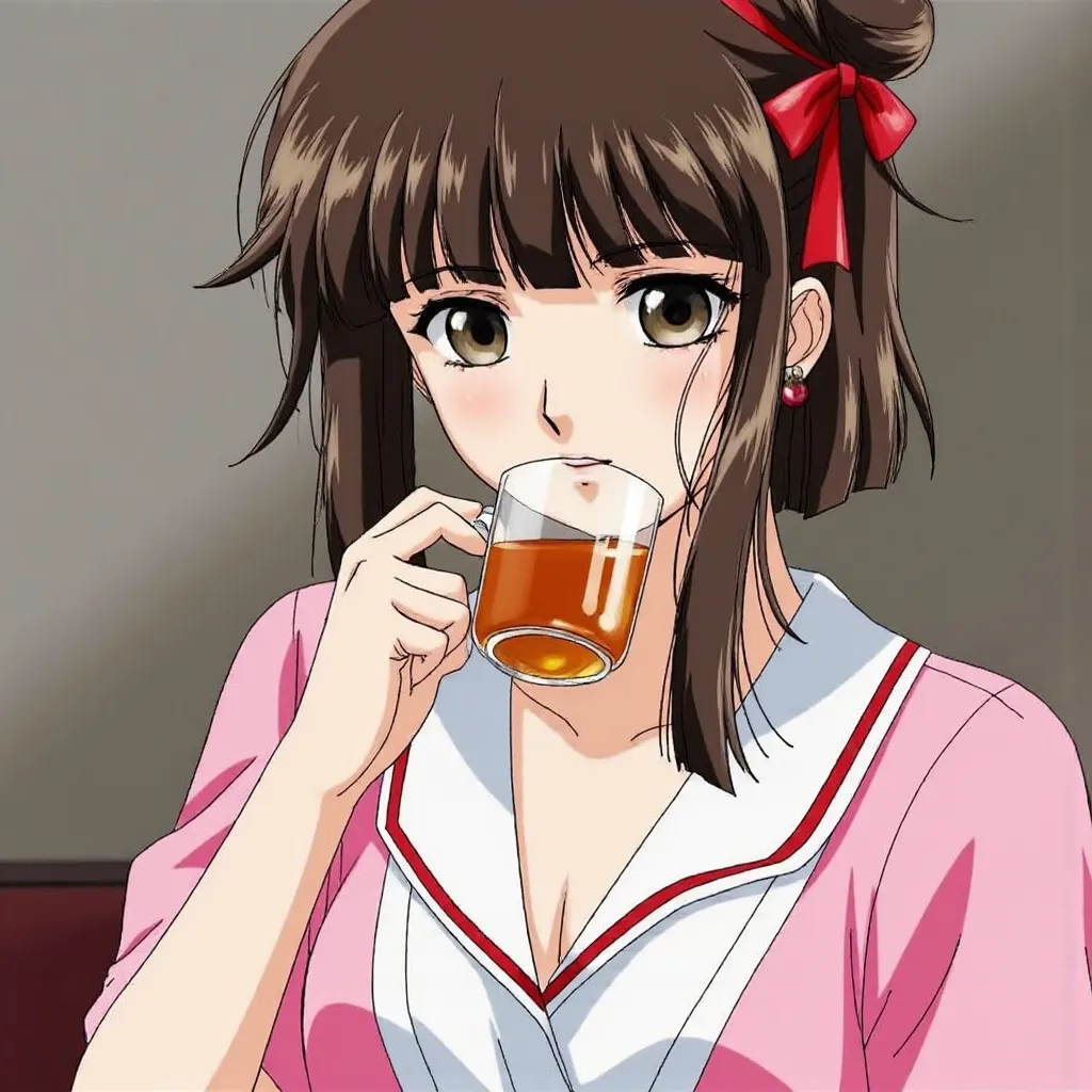 Miyu in the style of Rosario vampire miyu drinking some tea