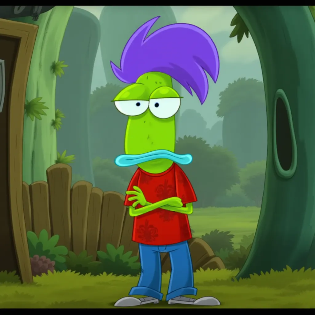 raymanlegends, Ralph Bighead from "Rocko’s Modern Life," a cartoon character with purple hair, a green face, and blue lips, wearing a red patterned shirt, jeans, unimpressed look, arms crossed, in a forest