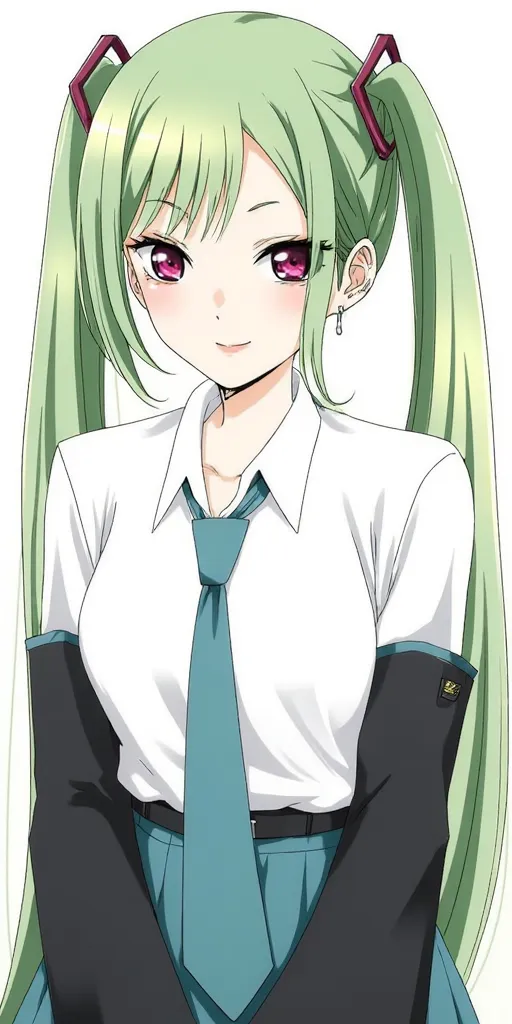 1girl, marin kitagawa, hatsune miku, hybrid girl, green hair, purple eye, white shirt, dark cyan tie, double ponytails hair, black sleeve, dark cyan skirt,