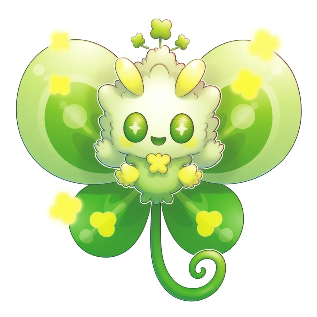  A whimsical, cartoon-style creature resembling a butterfly with large, clover-shaped green wings. The character has cute, sparkling green eyes, a joyful expression, and a small body with yellow, leaf-like hands. It is crowned with small clovers, surrounded by yellow clover-shaped patterns. The design is bright and colorful, embodying a playful and cheerful vibe. This is likely an illustration by an artist named Happyclover.